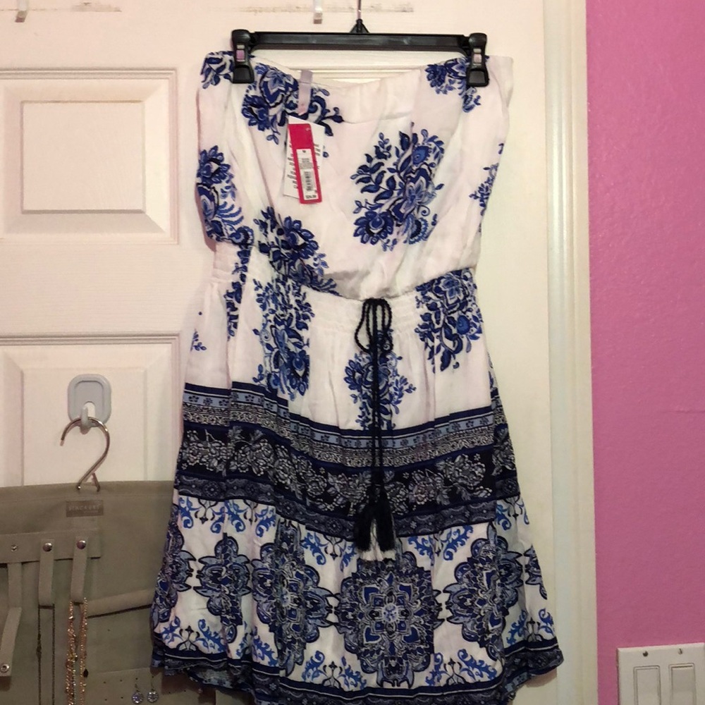 White Strapless Dress with Blue and Black Pattern